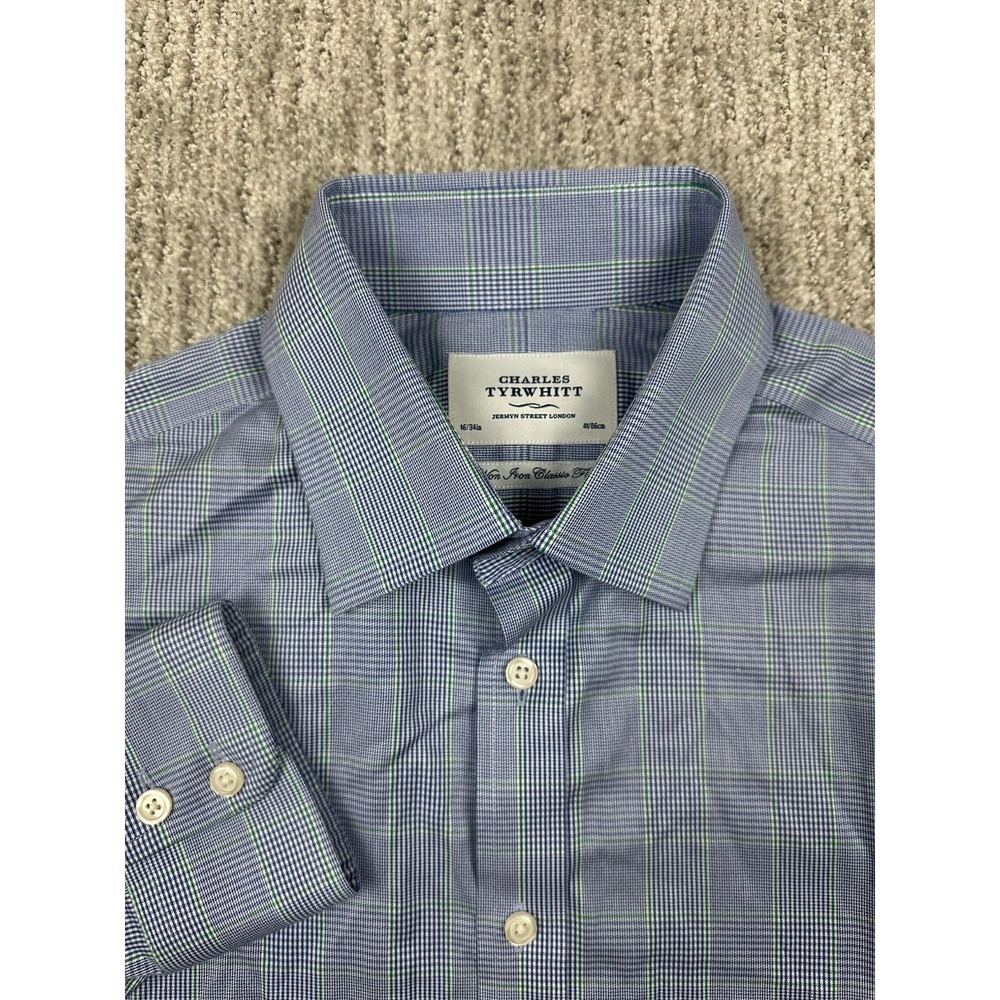 Charles Tyrwhitt Dress Shirt Men 16/34 Classic Fit Non Iron Button Up Blue Check